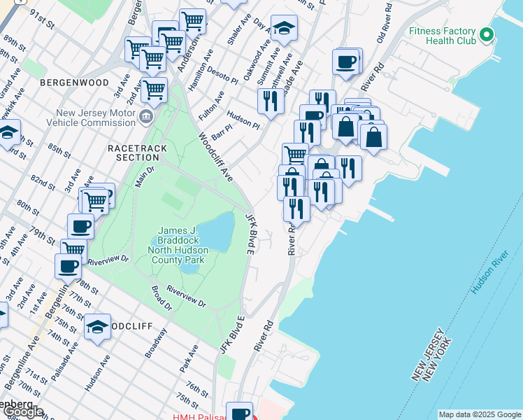 map of restaurants, bars, coffee shops, grocery stores, and more near 9032 Wall Street in North Bergen