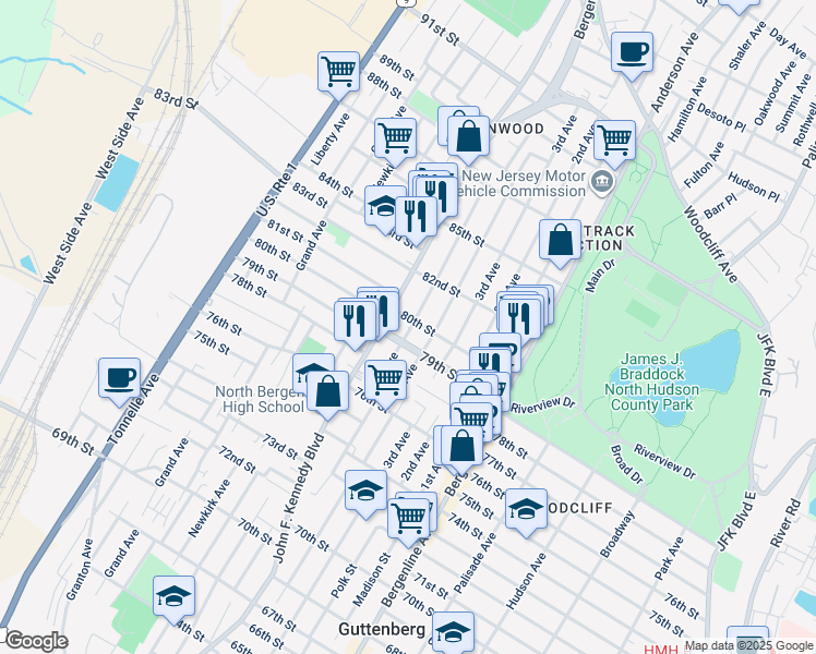 map of restaurants, bars, coffee shops, grocery stores, and more near 8009 5th Avenue in North Bergen