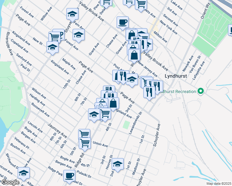 map of restaurants, bars, coffee shops, grocery stores, and more near 556 Page Avenue in Lyndhurst