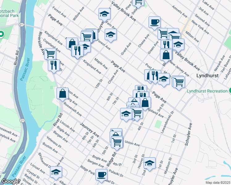 map of restaurants, bars, coffee shops, grocery stores, and more near 611 8th Street in Lyndhurst