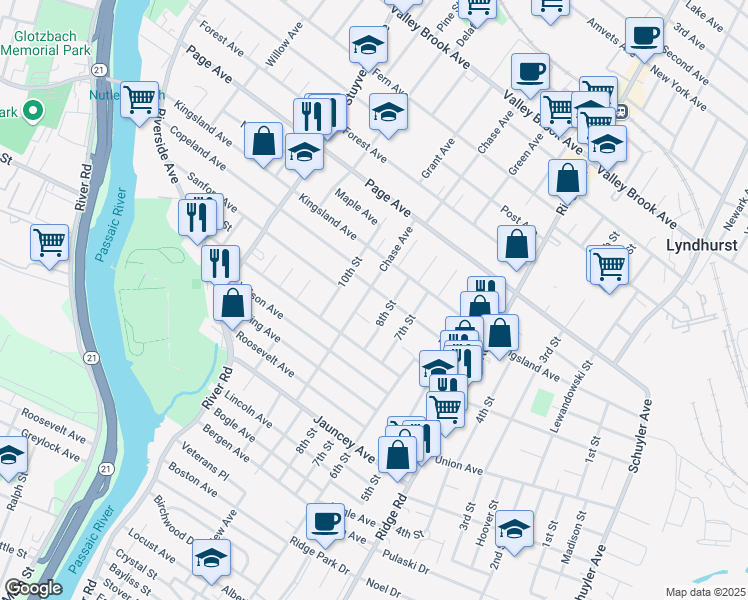 map of restaurants, bars, coffee shops, grocery stores, and more near 414 Park Place in Lyndhurst