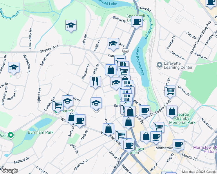 map of restaurants, bars, coffee shops, grocery stores, and more near 24 Sussex Avenue in Morristown