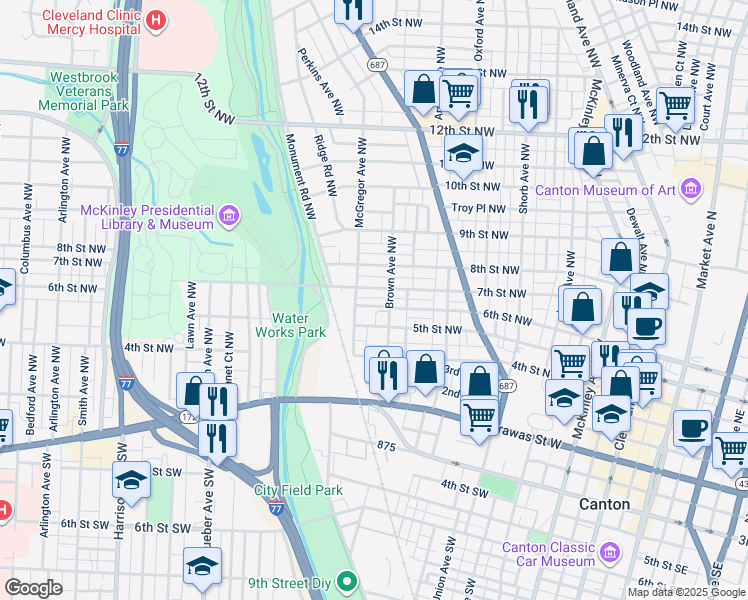 map of restaurants, bars, coffee shops, grocery stores, and more near 1319 7th Street Northwest in Canton