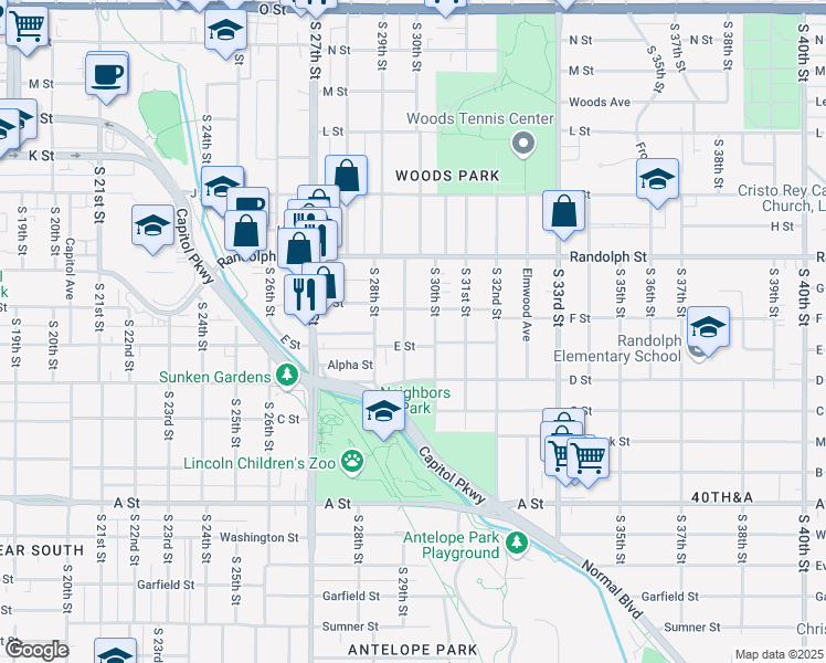 map of restaurants, bars, coffee shops, grocery stores, and more near 2929 F Street in Lincoln