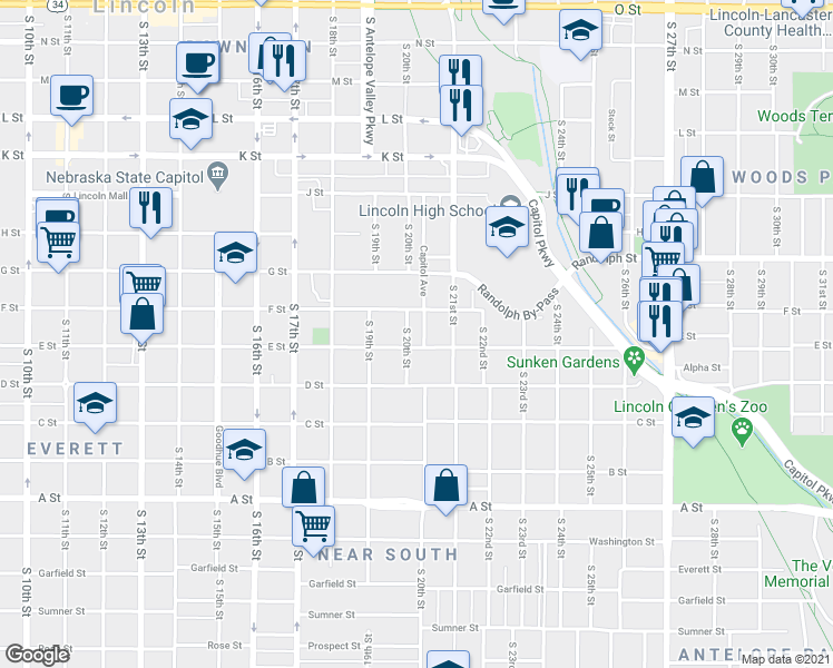 map of restaurants, bars, coffee shops, grocery stores, and more near 2031 F Street in Lincoln