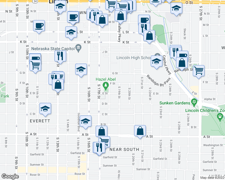 map of restaurants, bars, coffee shops, grocery stores, and more near 1827 F Street in Lincoln