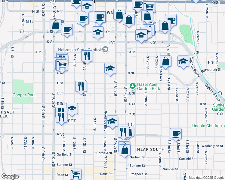 map of restaurants, bars, coffee shops, grocery stores, and more near 1519 F Street in Lincoln