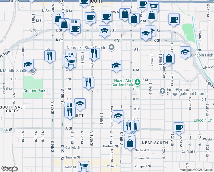 map of restaurants, bars, coffee shops, grocery stores, and more near 1423 F Street in Lincoln