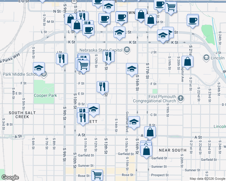 map of restaurants, bars, coffee shops, grocery stores, and more near 1315 F Street in Lincoln