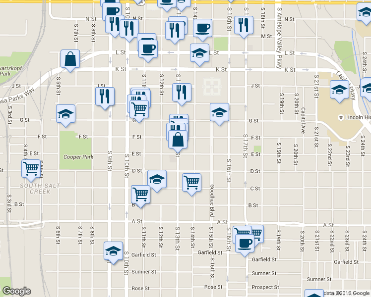 map of restaurants, bars, coffee shops, grocery stores, and more near 1315 F Street in Lincoln