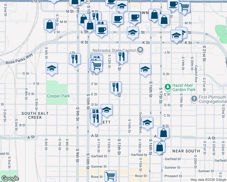 map of restaurants, bars, coffee shops, grocery stores, and more near 1209 F Street in Lincoln