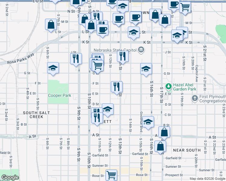 map of restaurants, bars, coffee shops, grocery stores, and more near 1209 F Street in Lincoln