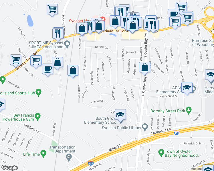 map of restaurants, bars, coffee shops, grocery stores, and more near 6 Florence Drive in Syosset