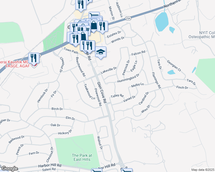 map of restaurants, bars, coffee shops, grocery stores, and more near 10 Hummingbird Drive in Roslyn
