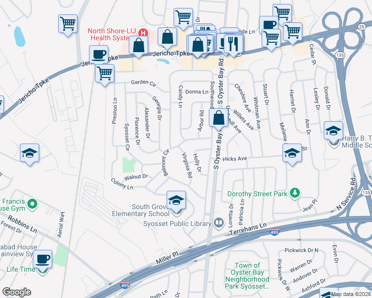 map of restaurants, bars, coffee shops, grocery stores, and more near 31 Belmont Circle in Syosset