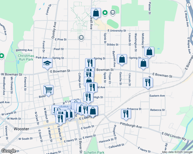 map of restaurants, bars, coffee shops, grocery stores, and more near 515 Beall Avenue in Wooster