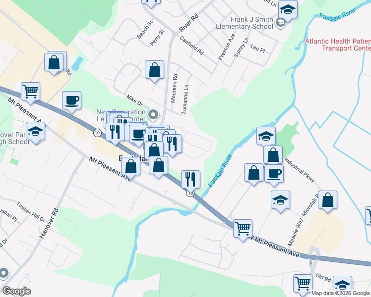 map of restaurants, bars, coffee shops, grocery stores, and more near 14 Queensbridge Drive in East Hanover