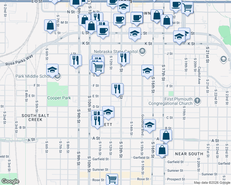 map of restaurants, bars, coffee shops, grocery stores, and more near 1218 E Street in Lincoln