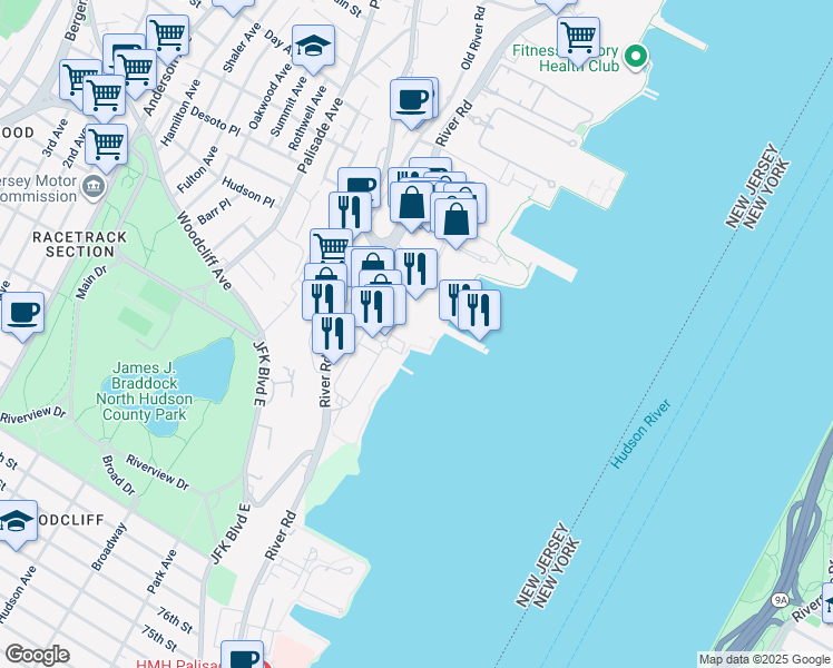 map of restaurants, bars, coffee shops, grocery stores, and more near 45 River Road in Edgewater