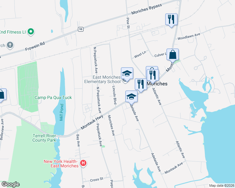 map of restaurants, bars, coffee shops, grocery stores, and more near 11 Lincoln Boulevard in East Moriches