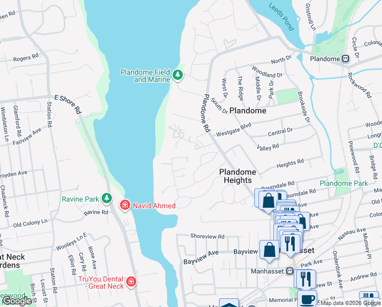 map of restaurants, bars, coffee shops, grocery stores, and more near 20 The Terrace in Plandome