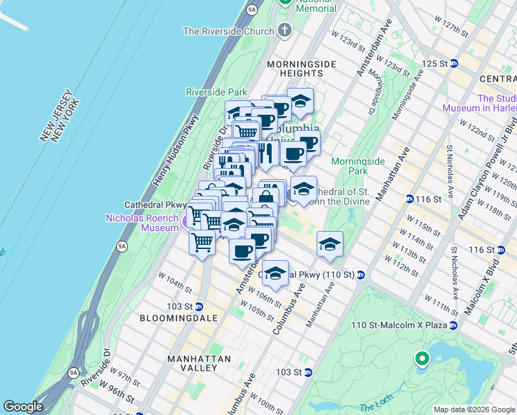 map of restaurants, bars, coffee shops, grocery stores, and more near 532 West 111th Street in New York