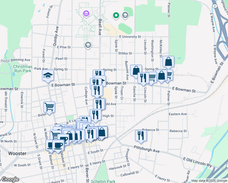 map of restaurants, bars, coffee shops, grocery stores, and more near 555 East Bowman Street in Wooster