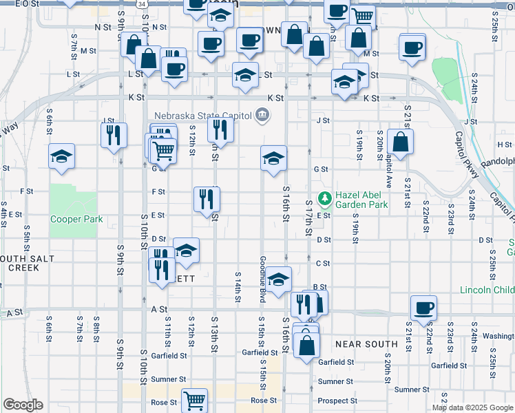 map of restaurants, bars, coffee shops, grocery stores, and more near 927 Goodhue Boulevard in Lincoln