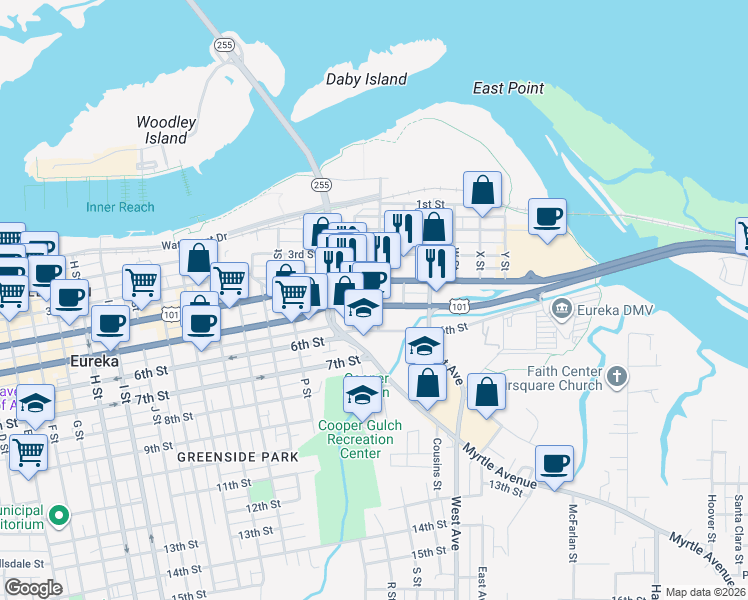map of restaurants, bars, coffee shops, grocery stores, and more near 1837 5th Street in Eureka