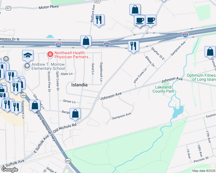 map of restaurants, bars, coffee shops, grocery stores, and more near 1161 Old Nichols Road in Ronkonkoma