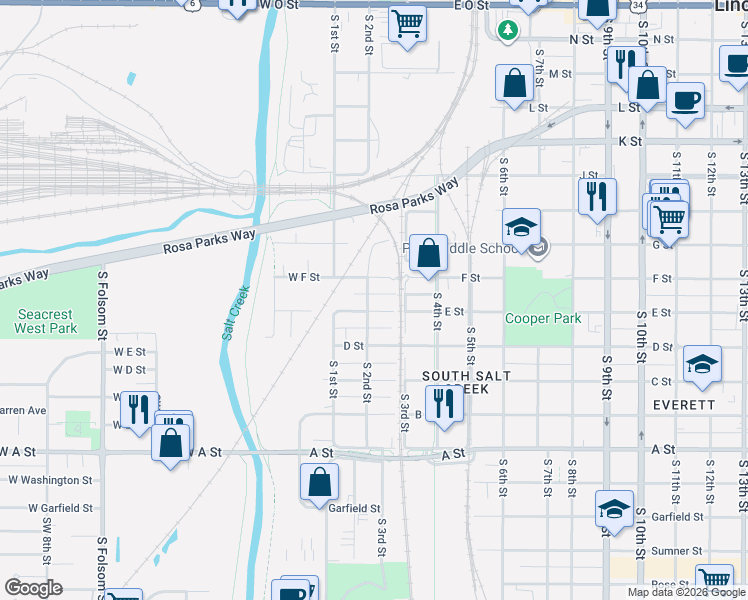 map of restaurants, bars, coffee shops, grocery stores, and more near 209 F Street in Lincoln