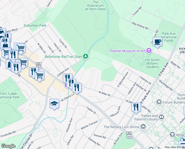 map of restaurants, bars, coffee shops, grocery stores, and more near 152 East Cherry Lane in State College
