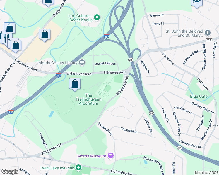 map of restaurants, bars, coffee shops, grocery stores, and more near 70 Whippany Road in Morristown