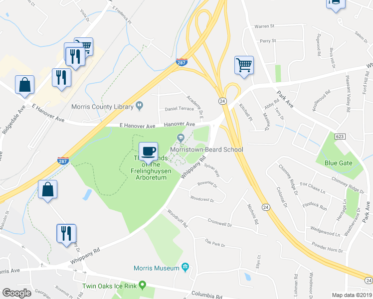 map of restaurants, bars, coffee shops, grocery stores, and more near 70 Whippany Road in Morristown