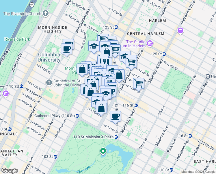 map of restaurants, bars, coffee shops, grocery stores, and more near 251 West 116th Street in New York