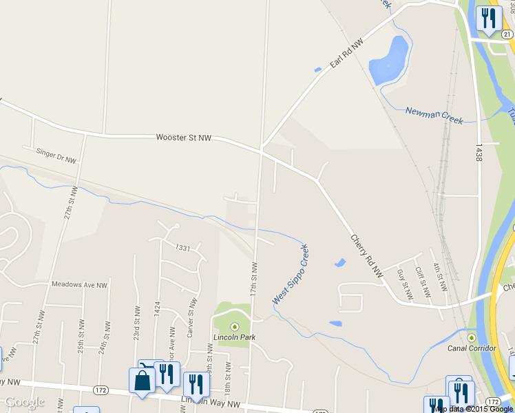map of restaurants, bars, coffee shops, grocery stores, and more near 815 17th Street Northwest in Massillon