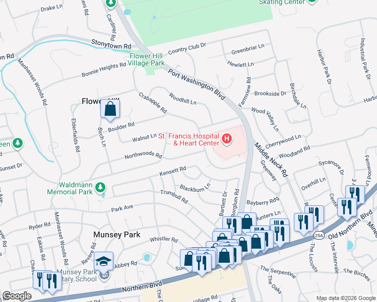 map of restaurants, bars, coffee shops, grocery stores, and more near 14 Elm Lane in Manhasset