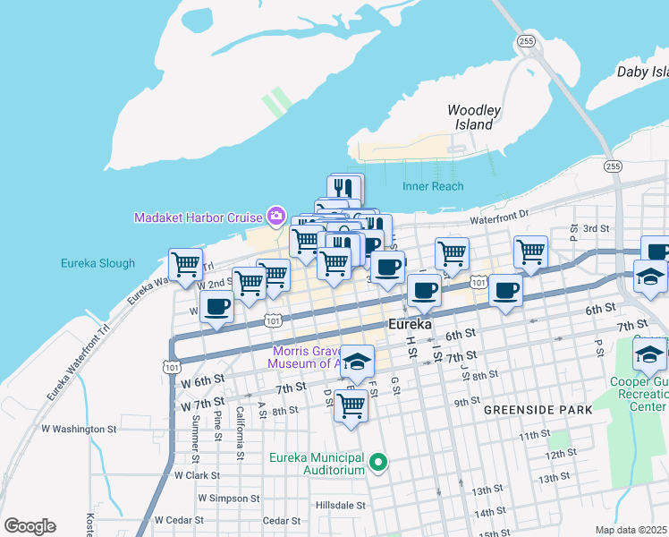 map of restaurants, bars, coffee shops, grocery stores, and more near 427 2nd Street in Eureka