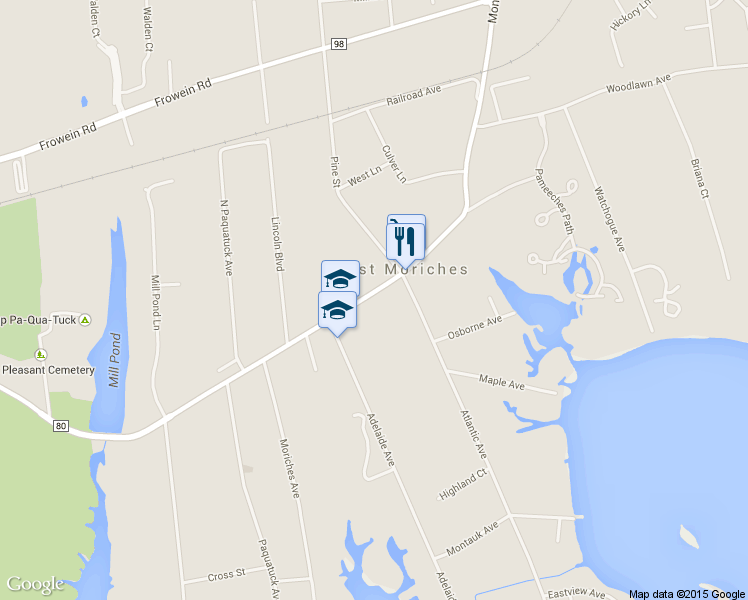 map of restaurants, bars, coffee shops, grocery stores, and more near 473-527 County Road 80 in East Moriches