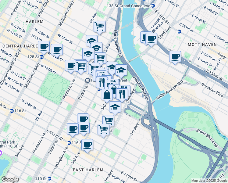 map of restaurants, bars, coffee shops, grocery stores, and more near 2321 3rd Avenue in New York
