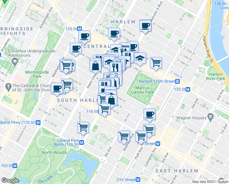 map of restaurants, bars, coffee shops, grocery stores, and more near 19 West 120th Street in New York