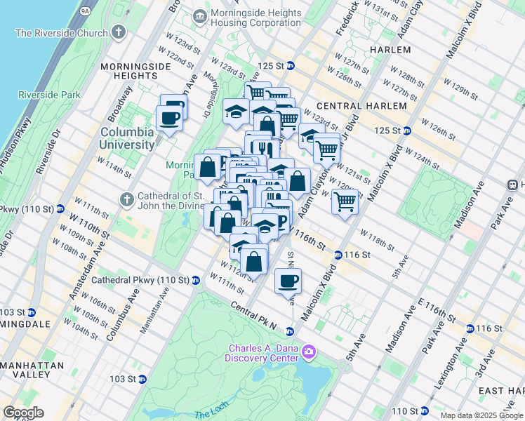 map of restaurants, bars, coffee shops, grocery stores, and more near 251 West 116th Street in New York