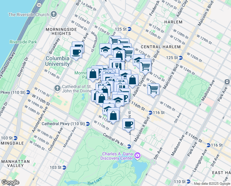 map of restaurants, bars, coffee shops, grocery stores, and more near 251 West 116th Street in New York