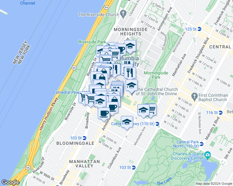 map of restaurants, bars, coffee shops, grocery stores, and more near 1060 Amsterdam Avenue in New York