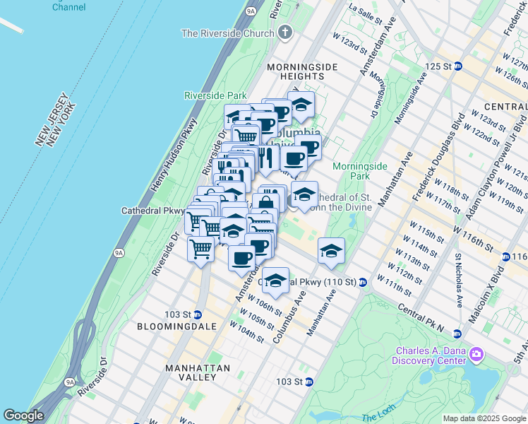 map of restaurants, bars, coffee shops, grocery stores, and more near 535 West 111th Street in New York