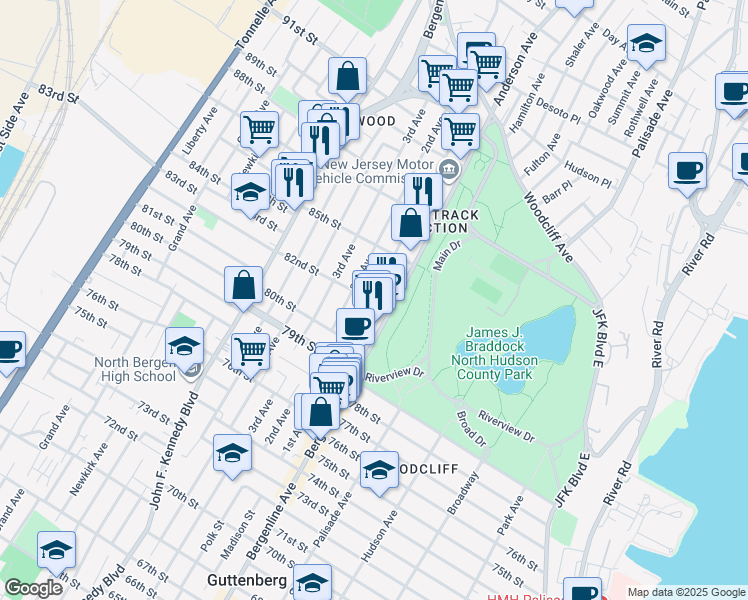 map of restaurants, bars, coffee shops, grocery stores, and more near 8214 1st Avenue in North Bergen
