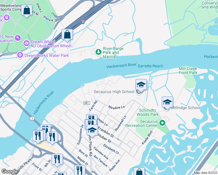 map of restaurants, bars, coffee shops, grocery stores, and more near 22 Acorn Road in Secaucus