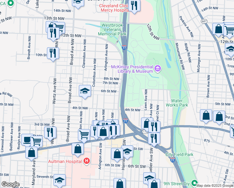 map of restaurants, bars, coffee shops, grocery stores, and more near 605 Smith Avenue Northwest in Canton