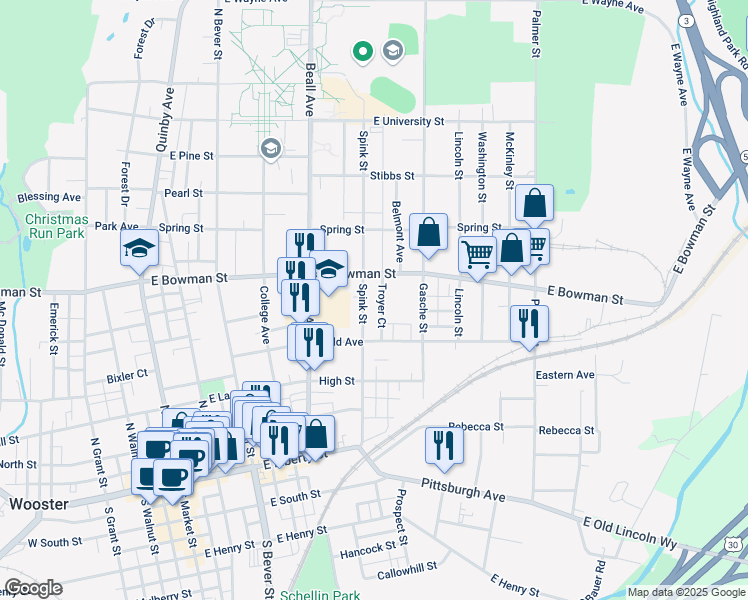 map of restaurants, bars, coffee shops, grocery stores, and more near 523 Spink Street in Wooster