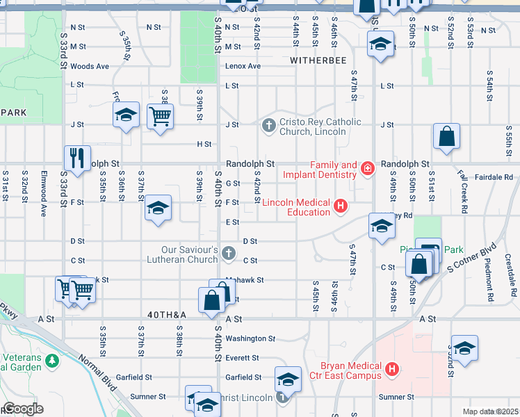map of restaurants, bars, coffee shops, grocery stores, and more near 4230 F Street in Lincoln